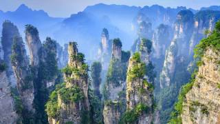 mountains, rock, trees, fog, China