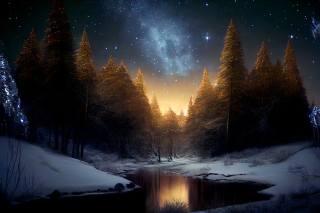 řeka, les, noc, hvězdy, zima