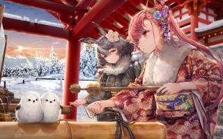 Аниме, девочки, зима, kimono, buny ears, japanese clothes