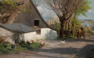 Peder Mork Monsted, Danish, 1921, Spring day with a horse carriage on the road near Jyllinge