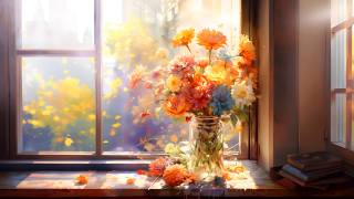 the sun's rays, flowers, bouquet, leaves, Солнечный лучик, petals, window, street, art