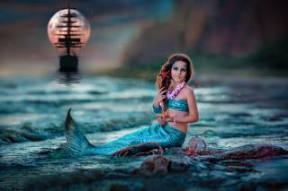 Ekaterina Dombrugova, girl, mermaid, the little mermaid, sea, ship, decoration