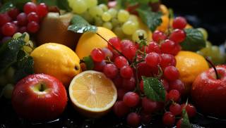 Стіл, фрукти, ягоди, лимон, лимони, виноград, Яблуко, яблука, краплі води, AI_art
