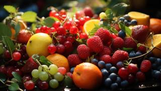 Table, фрукти, ягоди, lemon, grapes, orange, полуниця, лохина, raspberry, AI_art